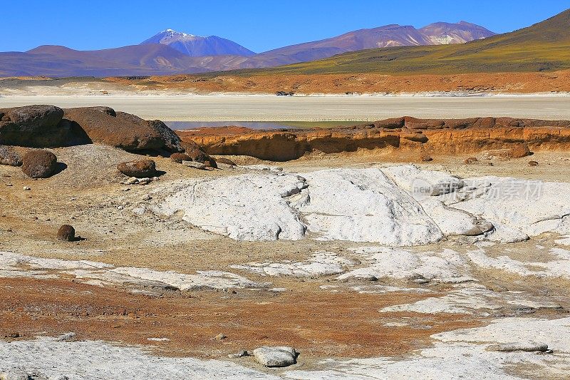 田诗式的Salar de Talar -盐平坦的石头，岩石形成，阿塔卡马沙漠高原，火山景观全景-圣佩德罗阿塔卡马，智利，Bolívia和阿根廷边境